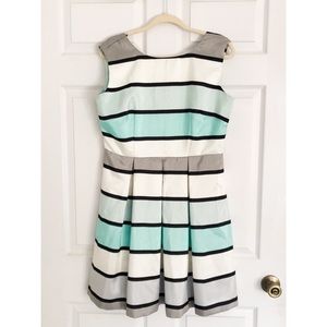Striped teal, cream & grey dress